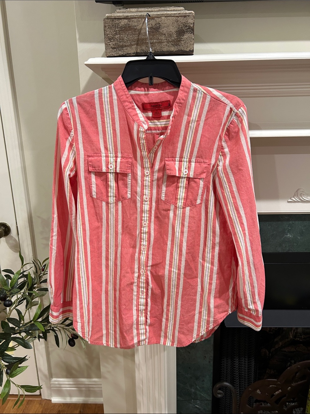 Women's Coral Striped Button-Down Shirt with Chest Pockets